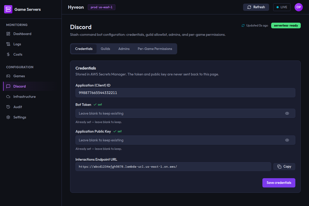 The Discord configuration screen showing the readiness badge, four tabs, and the Credentials tab with Application ID, Bot Token, Public Key and the Interactions Endpoint URL