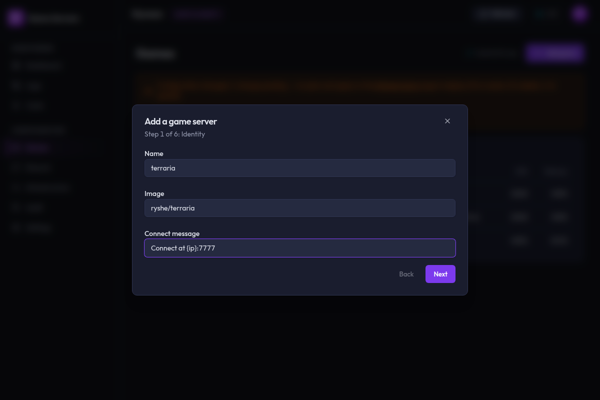 The Add game wizard on its Identity step, with Name, Image and Connect message fields and Back/Next buttons