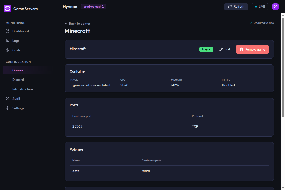 A game detail page showing the In sync chip, Edit and Remove buttons, and cards for Container, Ports and Volumes