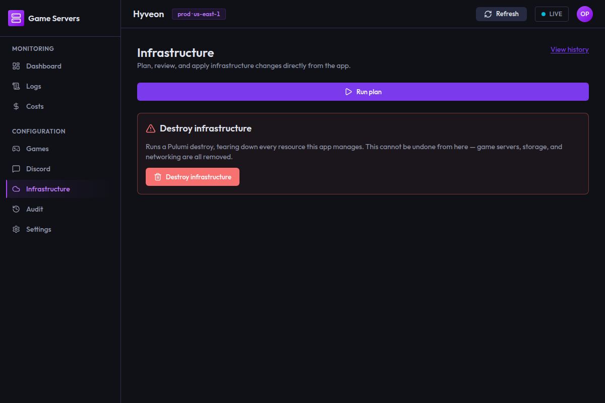The Infrastructure page with a Run plan button and an empty log viewer waiting for output