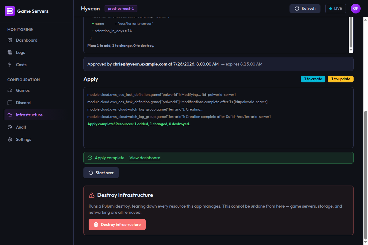 The Infrastructure page after a successful apply, showing streamed apply output in the log viewer, the resources-added change summary, and a green Apply complete banner with a View dashboard link