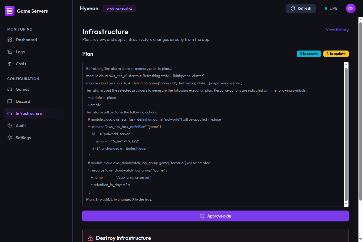 The Infrastructure page after a successful plan, showing the change-summary badges and an Approve plan button