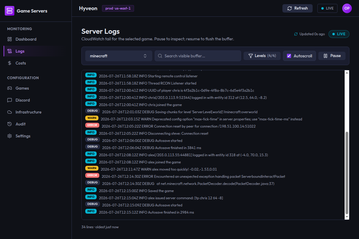 The Logs screen with a game selected, a search box, an Autoscroll checkbox, a Pause button, and a stream of colour-coded log lines
