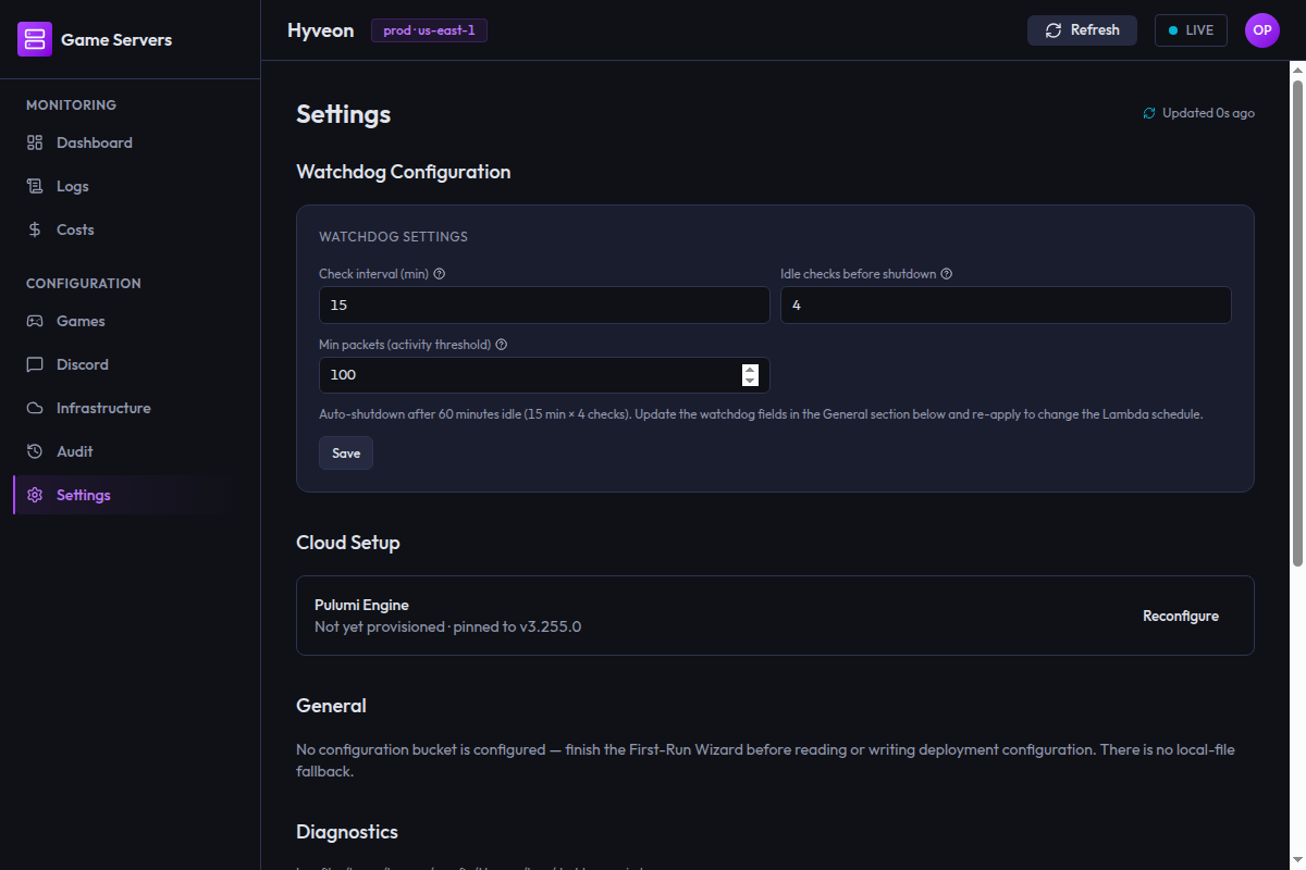 The Settings page showing the Watchdog Settings panel, a Cloud Setup row with a Reconfigure button, a General placeholder, and the Diagnostics log viewer