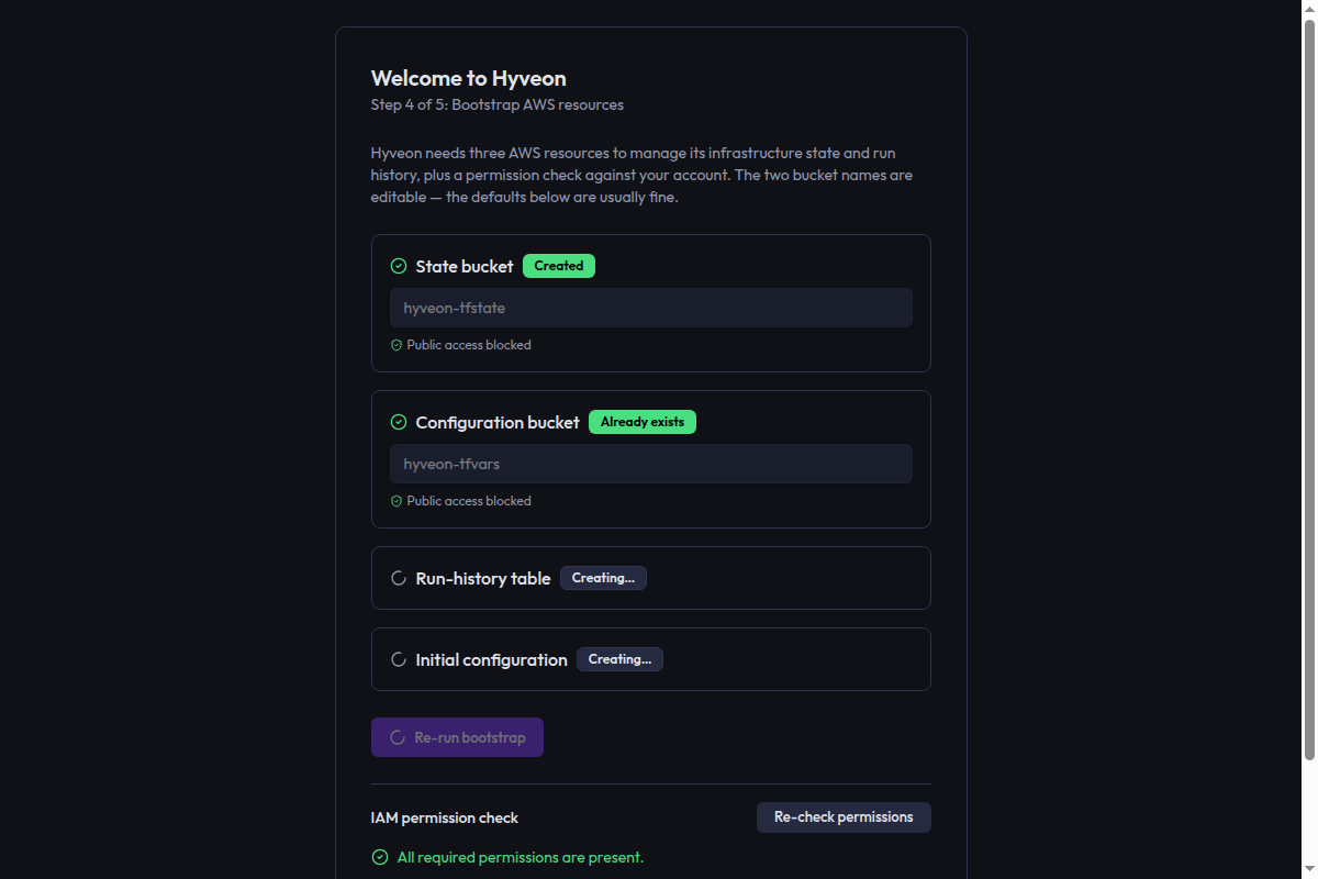 The bootstrap step showing two editable resource-name fields plus two read-only status rows for the run-history table and deployment-config seed, all with status badges, a Bootstrap AWS resources button, and an IAM permission check section