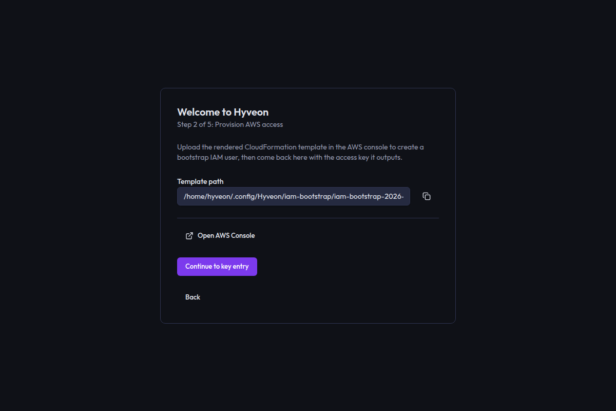 The guided AWS access step showing a rendered CloudFormation template path with a copy button, an Open AWS Console action, and a Continue to key entry button